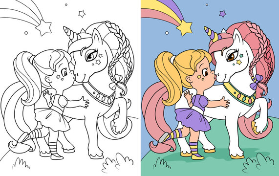 Coloring page. Cute little girl hugging a unicorn