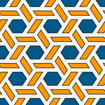 Hexagonal seamless pattern. Honeycomb surface print. Mosaic tiles. Flooring image. Wicker background. Geometric ornament. Vector abstract. Digital paper. Modern geometrical wallpaper