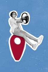 Collage photo of young funny attractive cute lady sitting big absurd geotag navigation dont know...