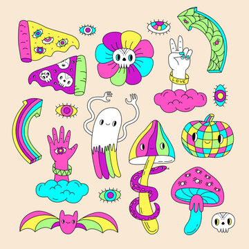 Big set groowy hippie Halloween party 1960s - 1970s. Mushrooms, ghost, chamomile, disco ball, peace sign hand. Print for sticker pack, card and web design