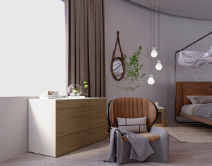 3d rendering,3d illustration, Interior Scene and  Mockup,bedroom modern style,brown and gray.