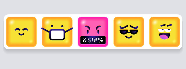 Square Emoticons set. Yellow Emoji faces emoticon smile, digital smiley expression emotion feelings, chat cartoon emotes. Vector illustration icons