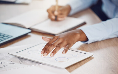 Finance planning, tablet app and employee working on web design in office, learning about stock...