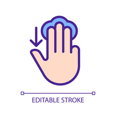 Fototapeta premium Three finger touch downwards pixel perfect RGB color icon. Swipe down. Electronic device control. Touchscreen. Silhouette symbol on white space. Solid pictogram. Vector isolated illustration