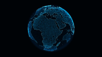 Digital dotted planet earth isolated on a black background fit for layer compositing. Stylized world globe with glowing particle dots. Big data technology, communication, digital concept. 3D render - obrazy, fototapety, plakaty