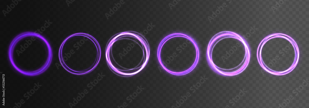 Poster pink neon ovals or circles for swirl shiny rings light effect. glow luminous glitter shimmer trail. 