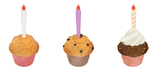 Illustration set of cute muffins with candles