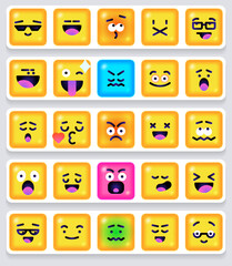 Square Emoticons set. Yellow Emoji faces emoticon smile, digital smiley expression emotion feelings, chat cartoon emotes. Vector illustration icons