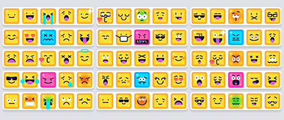 Square Emoticons set. Yellow Emoji faces emoticon smile, digital smiley expression emotion feelings, chat cartoon emotes. Vector illustration icons