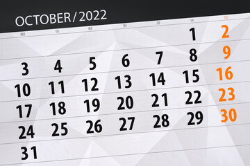Obraz premium Calendar 2022, deadline, day, month, page, organizer, date, october
