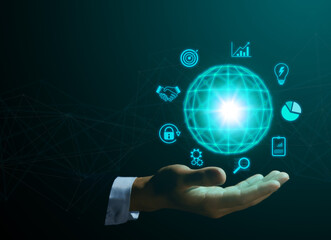 Businessman's hand with virtual hologram, world icon application. Big data connection.