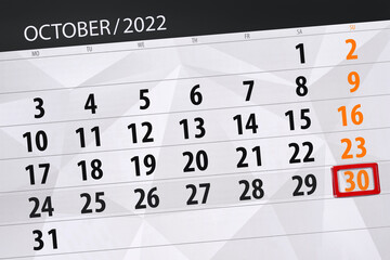 Obraz premium Calendar 2022, deadline, day, month, page, organizer, date, october, sunday, number 30