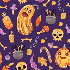 Halloween seamless pattern. Background with pumpkins, skulls and bones. Hand-drawn. Marker Art