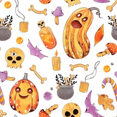 Halloween seamless pattern. Background with pumpkins, skulls and bones. Hand-drawn. Marker Art	