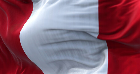 Close-up view of the Peru national flag waving in the wind