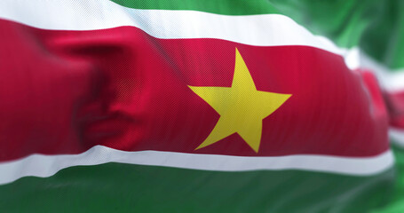 Close-up view of Suriname national flag waving in the wind