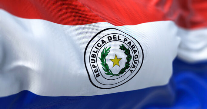 Close-up view of the Paraguay national flag waving in the wind - Powered by Adobe