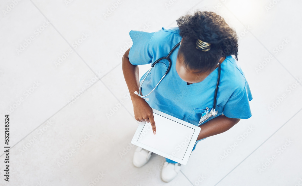 Poster Doctor, tablet and healthcare website with blank mockup screen while standing and working in a hospital from above. Medical insurance app, nurse and 5g network for innovation in health and medicine