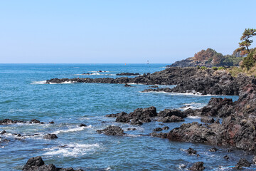 The sea seen from the shore. And the basalt of the coast