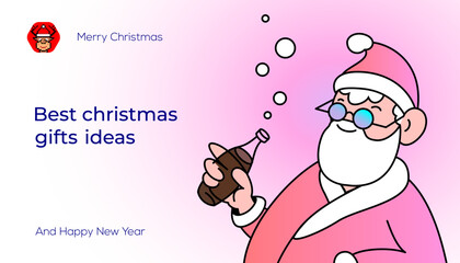 Christmas web banner, with Santa drinking soda. Best crypto gift ideas. Holiday cartoon character, NFT collection, crypto art style