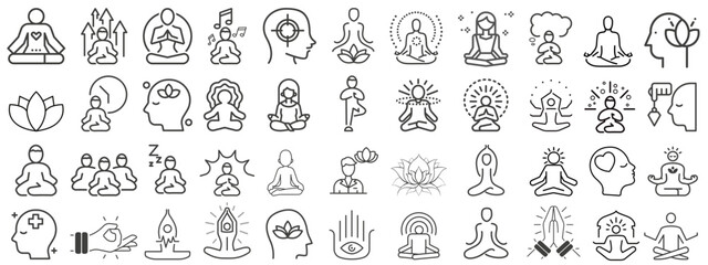 Meditation and spiritual practices icon collection.
line icons of meditation bundle set. - obrazy, fototapety, plakaty