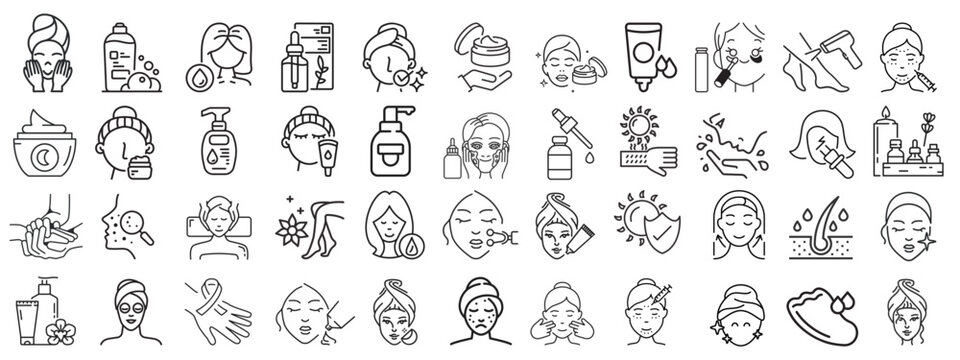 Facial skin care icon set. Vector graphic set.Aesthetic cosmetology line icon
 Icons in flat