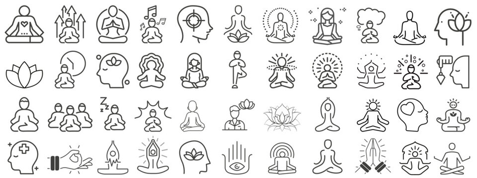 Meditation and spiritual practices icon collection.
line icons of meditation bundle set.