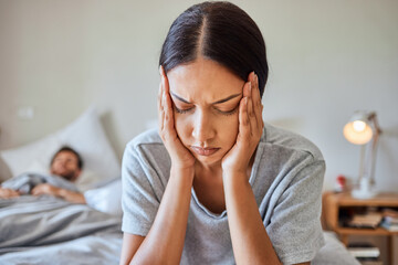 Woman, insomnia or headache pain on bed from stress, burnout or health fatigue problem at night in home bedroom. Indian girl tired, sick and suffering from head migraine, tension or temple injury