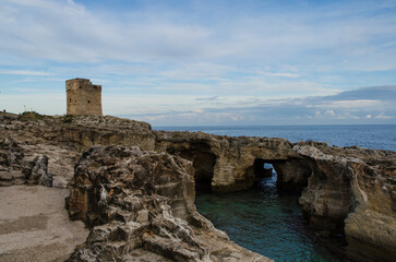 L'insenatura naturale di Marina Serra in Salento vicino al borgo di Tricase con in lontananza Torre Palane