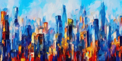 Door stickers Watercolor painting skyscraper Oil painting skyscrapers cityscape panorama in modern post impressionism palette knife style. Banner, canvas, poster, print design. Trendy wall art print. Acrylic paint towers and houses facades