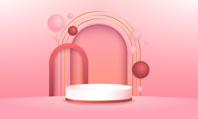 Abstract geometric design with set of realistic white and red cylinder podium, arch shape background and sphere balls. Pastel scene for product display presentation. Vector illustration EPS10. 