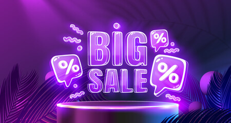 Big sale neon banner label, event promotion poster. Vector