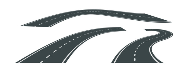 Vector illustration of bending roads with white markings isolated on white background. Set of asphalt roads in perspective view. Collection of empty curved highways. - obrazy, fototapety, plakaty