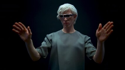 Vr glasses man playing virtual game closeup. Focused teenager shopping online in