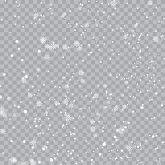 Happy New Year or Christmas card with falling snowflakes on transparent background. Vector