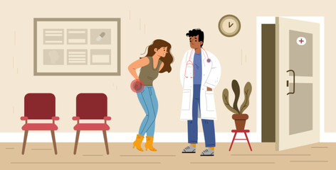 Woman with backache visit doctor in hospital. Diseased female character suffering of back pain, muscular inflammation or injury. Health care, medicine concept. Cartoon linear flat vector illustration