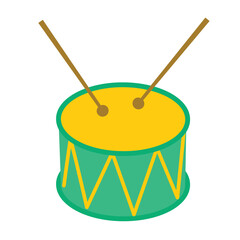Green drum with drumsticks. Elements for carnival or any party. Vector illustration.