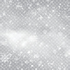 Happy New Year or Christmas card with falling snowflakes on transparent background. Vector