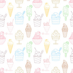 Seamless pattern with outline different ice cream, popsicle, waffle cone, bowl with whipped food. Sweet summer desserts. Hand drawn color linear vector illustration on white background.