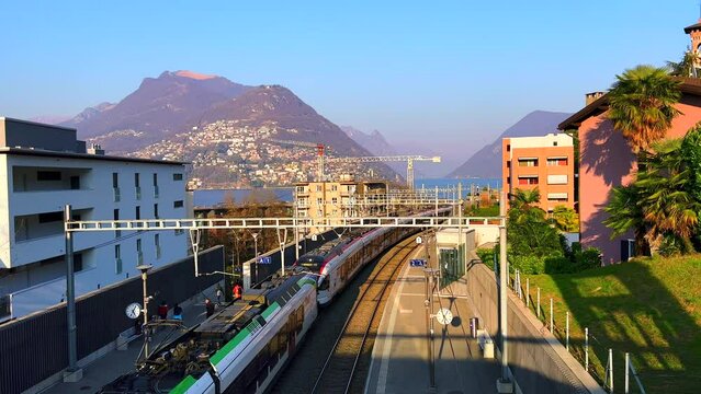 Mountains behind Lugano-Paradiso Railway Station, Lugano, Switzerland