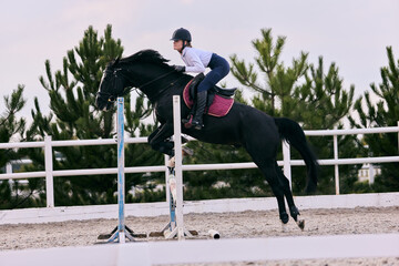 Jump over barrier. Young sportive girl, teen training at riding arena in summer day, outdoors....