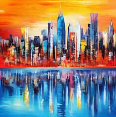 Olieverfschilderij wolkenkrabbers stadsgezicht panorama in moderne post-impressionisme Paletmes stijl. Spandoek, canvas, poster, printontwerp. Trendy muurkunst print. Acrylverftorens en gevels van huizen
