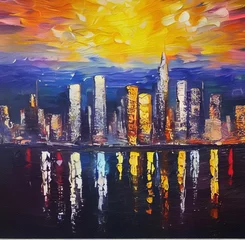 Wall murals Watercolor painting skyscraper Oil painting skyscrapers cityscape panorama in modern post impressionism palette knife style. Banner, canvas, poster, print design. Trendy wall art print. Acrylic paint towers and houses facades