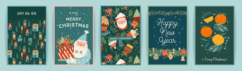 Set of Christmas and Happy New Year cards. Cute bright illustrations witn New Year symbols.. Vector design.