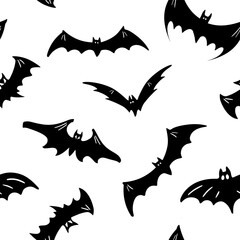 Various minimalistic bats isolated on a white  background. Seamless vector texture of various flying bat shapes. 