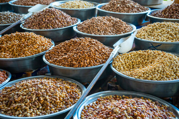 Nuts at the local traditional market at Konyaalti Liman in Antalya, Turkey. Street market with dried nuts
