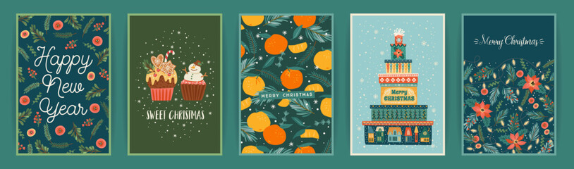 Set of Christmas and Happy New Year cards. Cute bright illustrations witn New Year symbols.. Vector design.