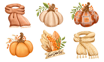 Set of autumn pumpkins and leaves in a watercolor style isolated on a white background. Pumpkins for Halloween and Thanksgiving