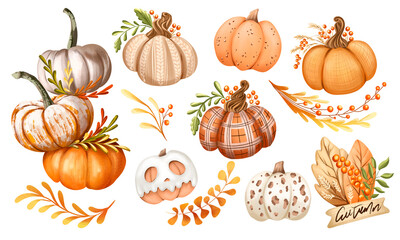 Set of autumn pumpkins and leaves in a watercolor style isolated on a white background. Pumpkins for Halloween and Thanksgiving