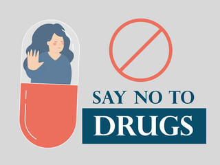 Say no to drugs. Background poster of a woman inside a pill or capsule. Illustration of hand gesture character refusing illegal drugs. Concept of International Day against Drug Abuse and addiction.